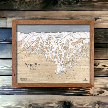 Large, engraved map of Bridger Bowl ski area in Montana. Laser engraved, three dimensional. 