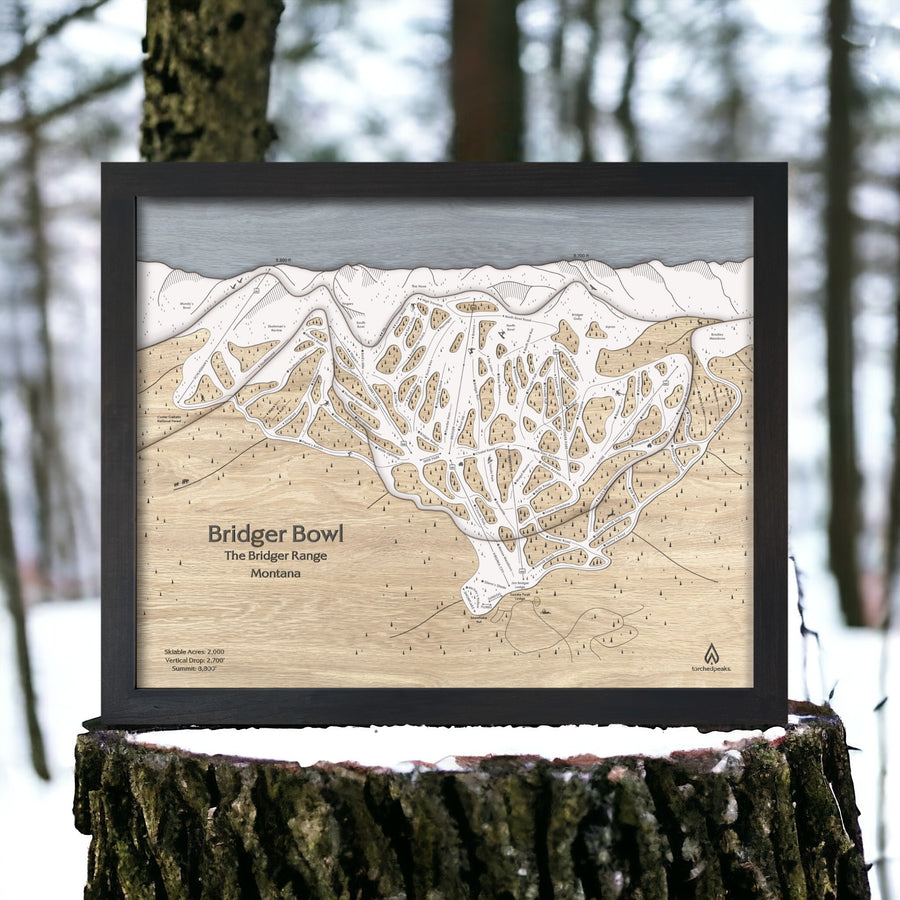 3D Wood Map of Bridger Bowl Slopes Mountain Art by artist Shawn Orecchio