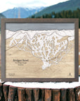 Gifts for snowboarders in Montana: Bridger Bowl ski resort map layered and engraved in wood. 