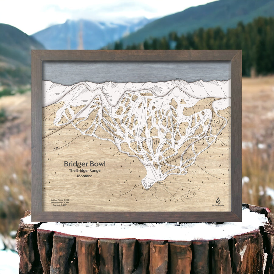 Gifts for snowboarders in Montana: Bridger Bowl ski resort map layered and engraved in wood. 