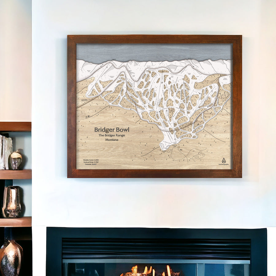 Bridger Bowl Handcrafted wood map, ski resort wall maps for skiers and snowboarders. 