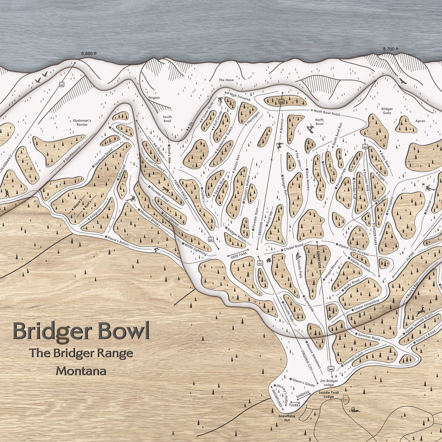 Wooden, engraved map Bridger Bowl ski resort