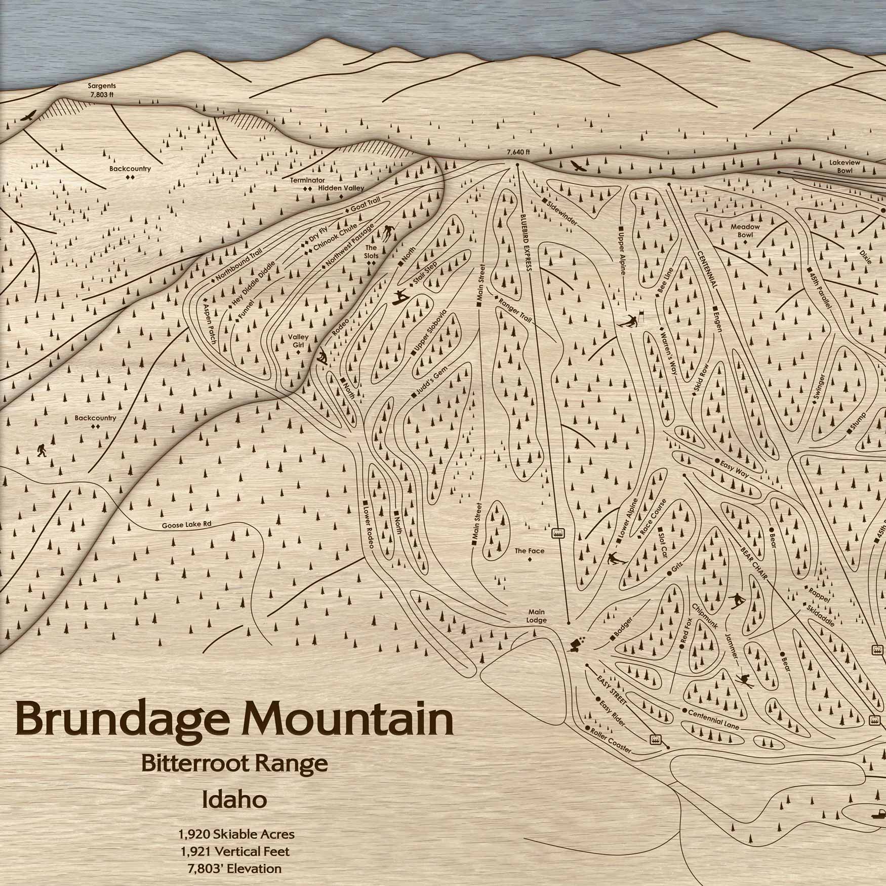 Brundage Mountain, ID Wood Ski Trail Map | 3D Wood Ski Slope Mountain Art