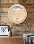 Brundage Mountain wooden ski map cribbage board displayed on a reclaimed-wood wall above a console as functional wall art.