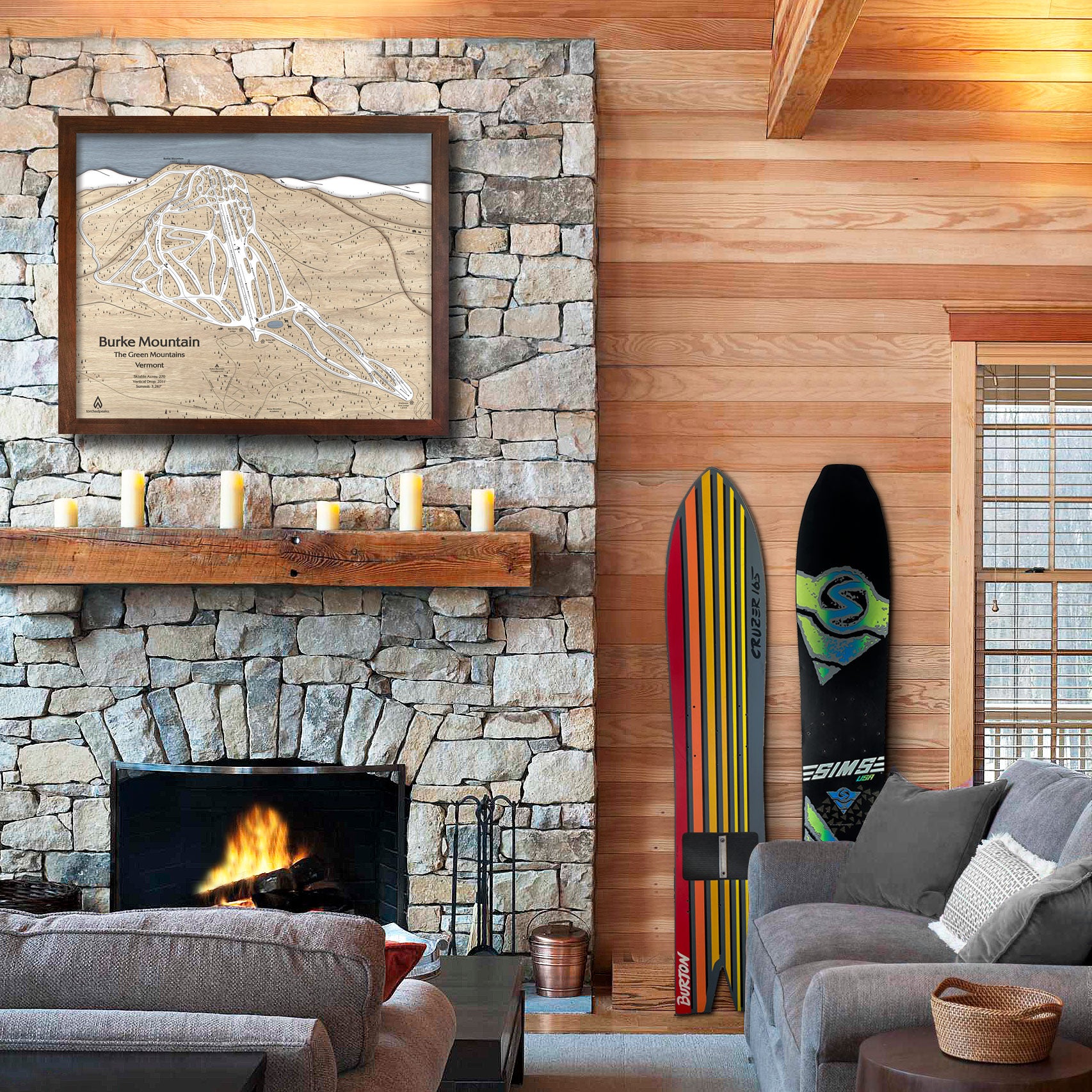 Burke Mountain Ski Map, Framed Skiing Wall Map