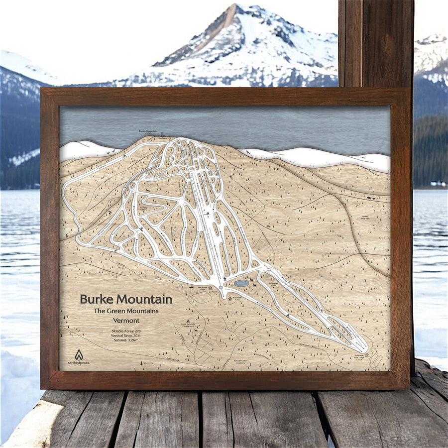 Burke Mountain Map, Ski Trail Map engraved in wood, Ski Cabin Decor