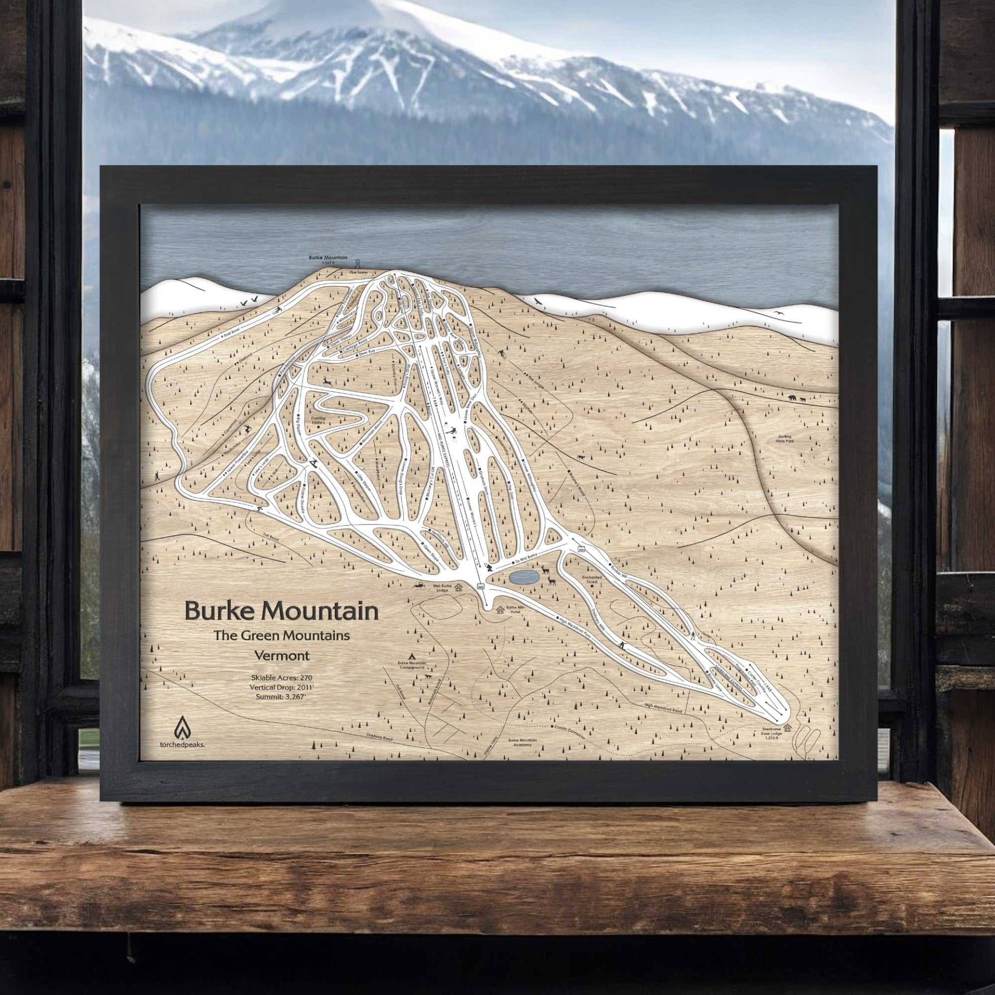 Burke Mountain Ski Trail Map, Kingdom Trails, Wood Map Wall Art