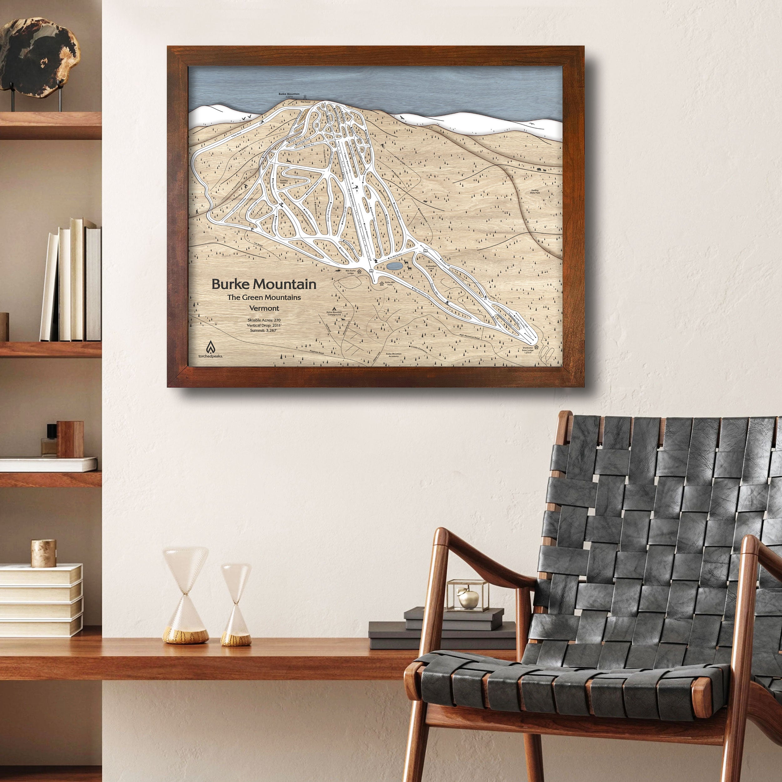 Burke Mountain Wooden Skiing Map, Framed Skiing Art