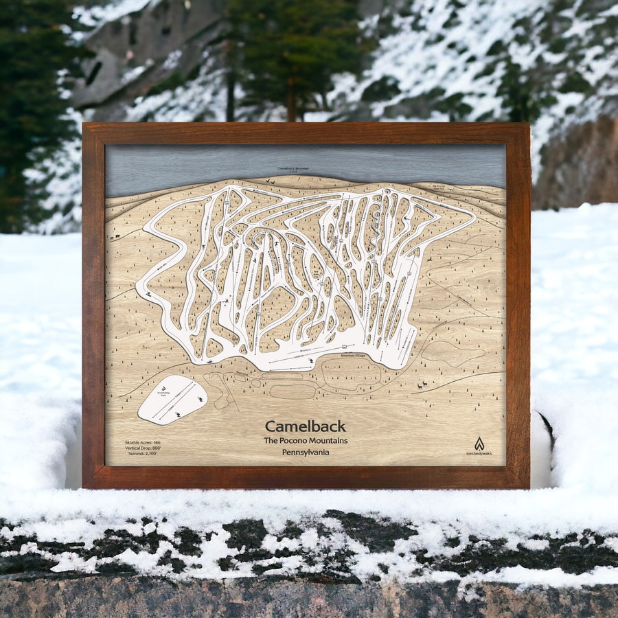 Camelback Ski Trail Map Poster, Laser-engraved, 3D Wood Map