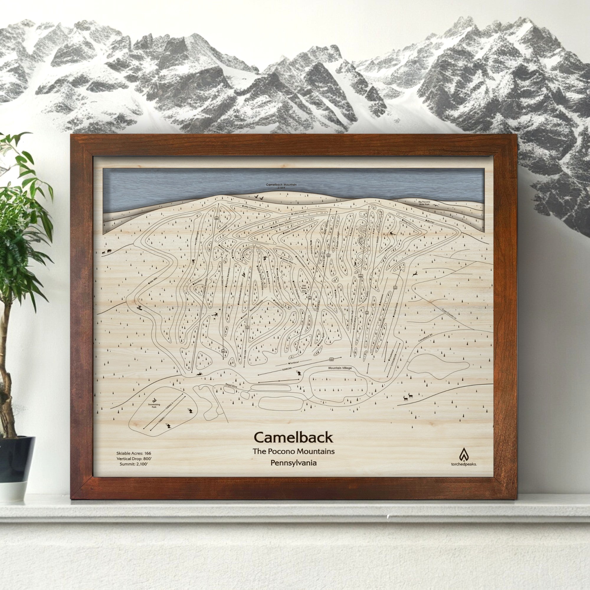 Camelback Ski Map, Laser-carved wooden skiing decor