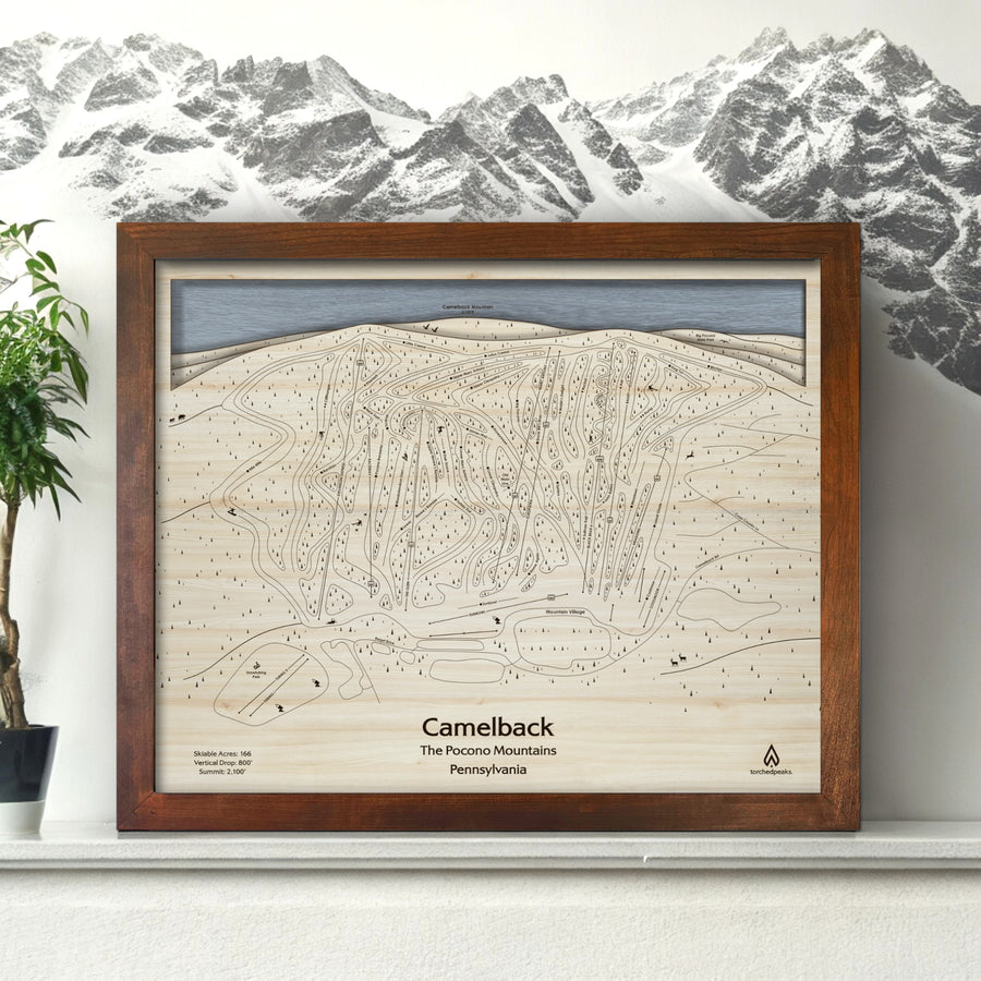 Camelback Ski Map, Laser-carved wooden skiing decor