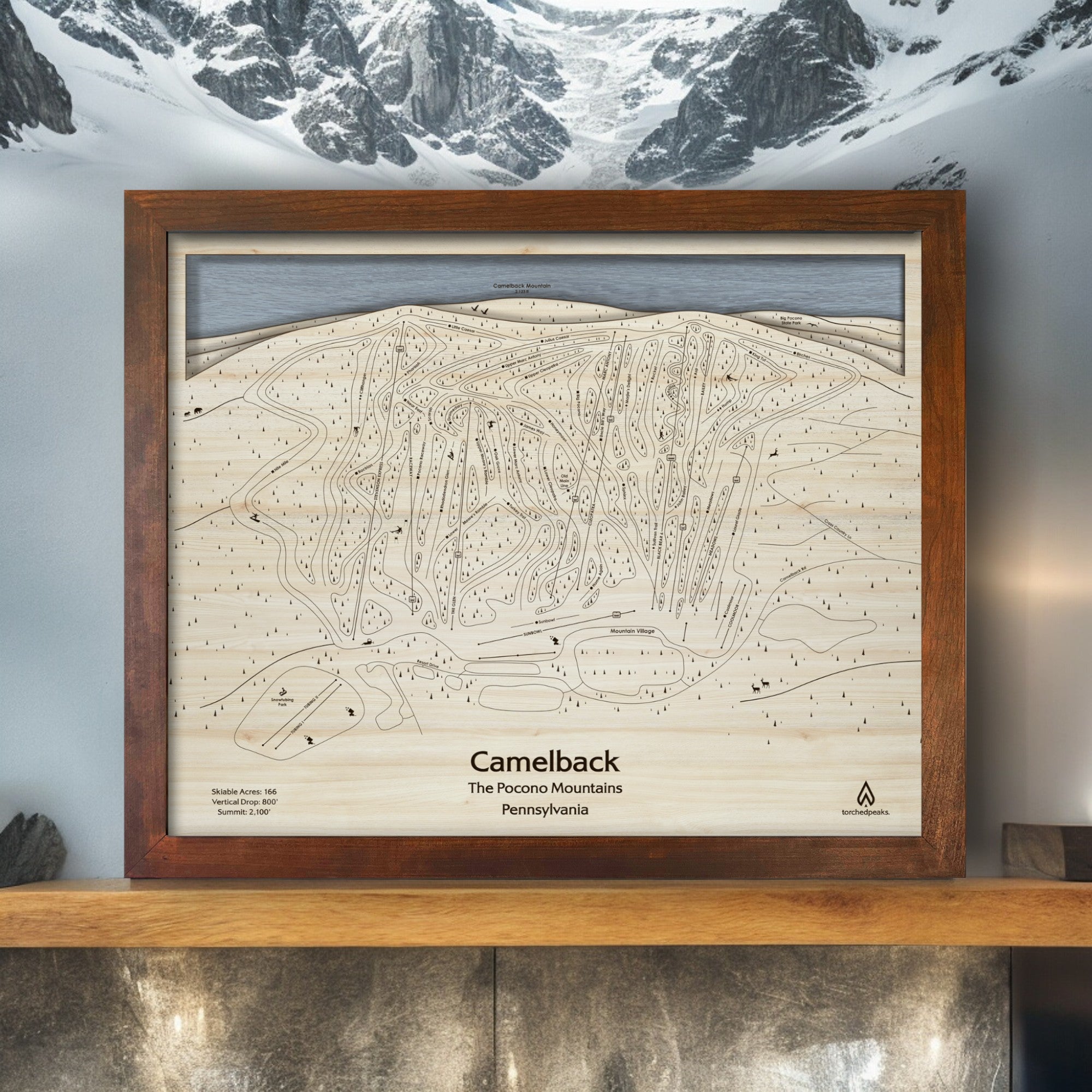 Camelback Ski Resort Wooden Trail Map designed by Artist Shawn Orecchio