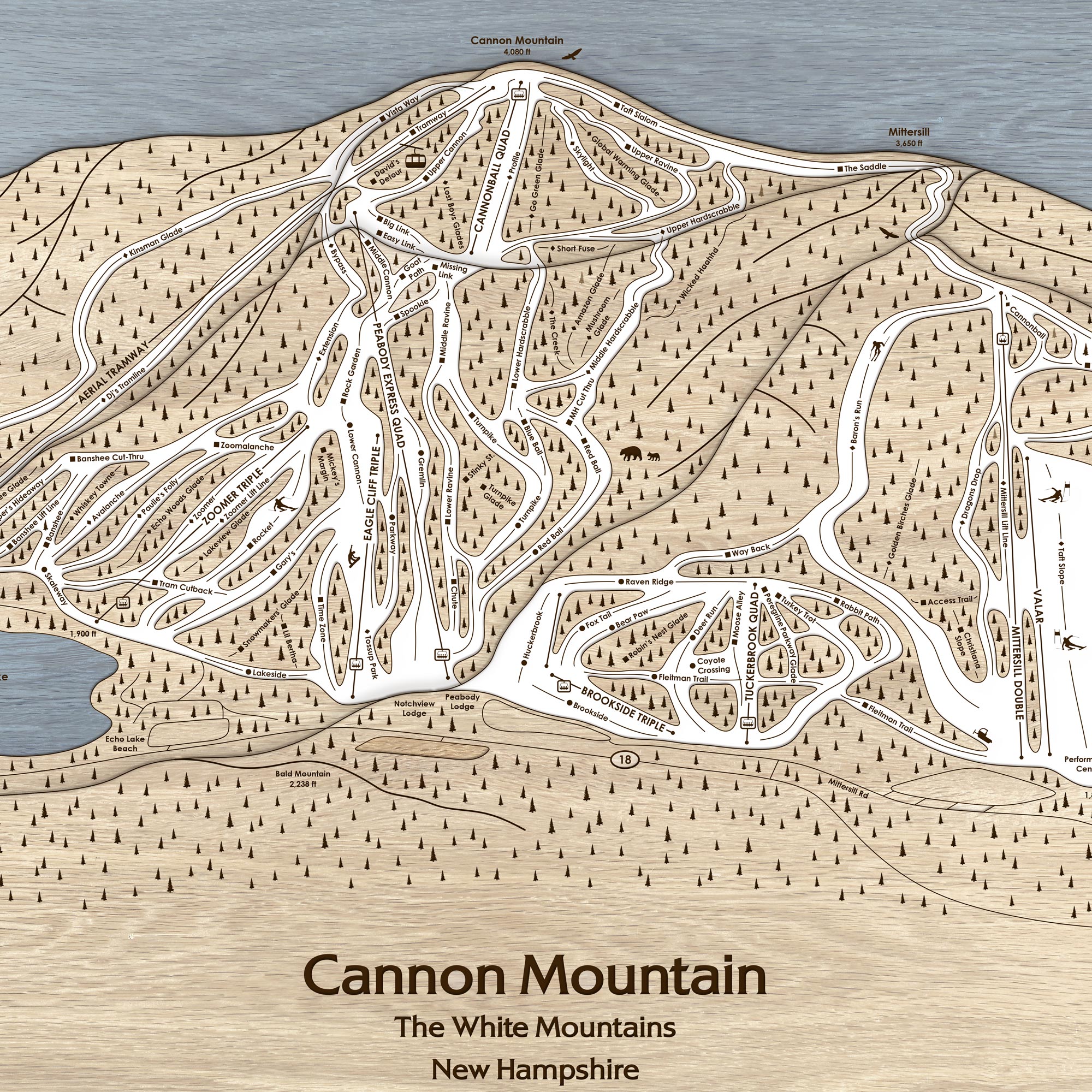 Cannon Mountain NH Ski Trail Map | 3D Laser-engraved Mountain Art | Torched Peaks