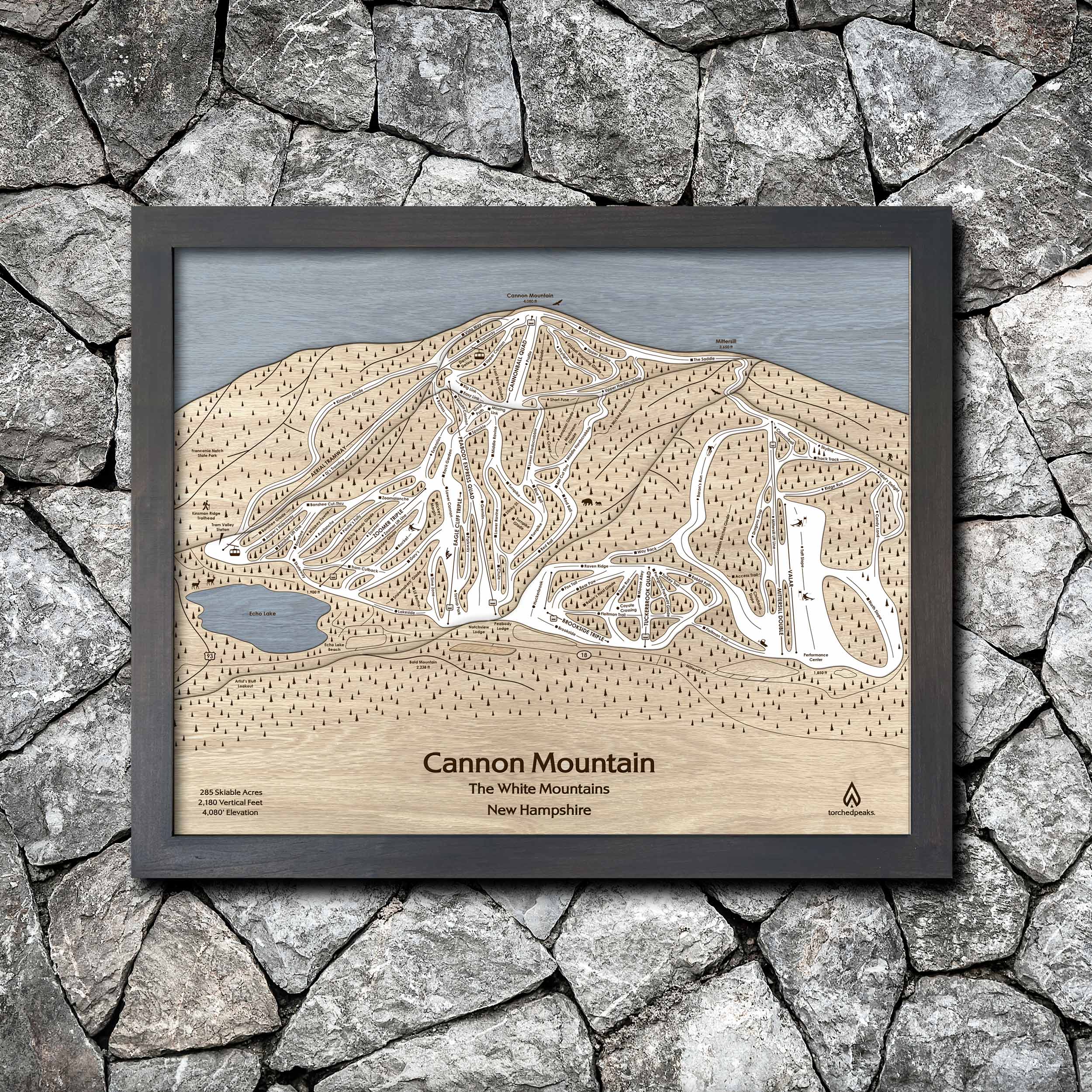 Cannon Mountain NH Ski Trail Map | 3D Laser-engraved Mountain Art | Torched Peaks
