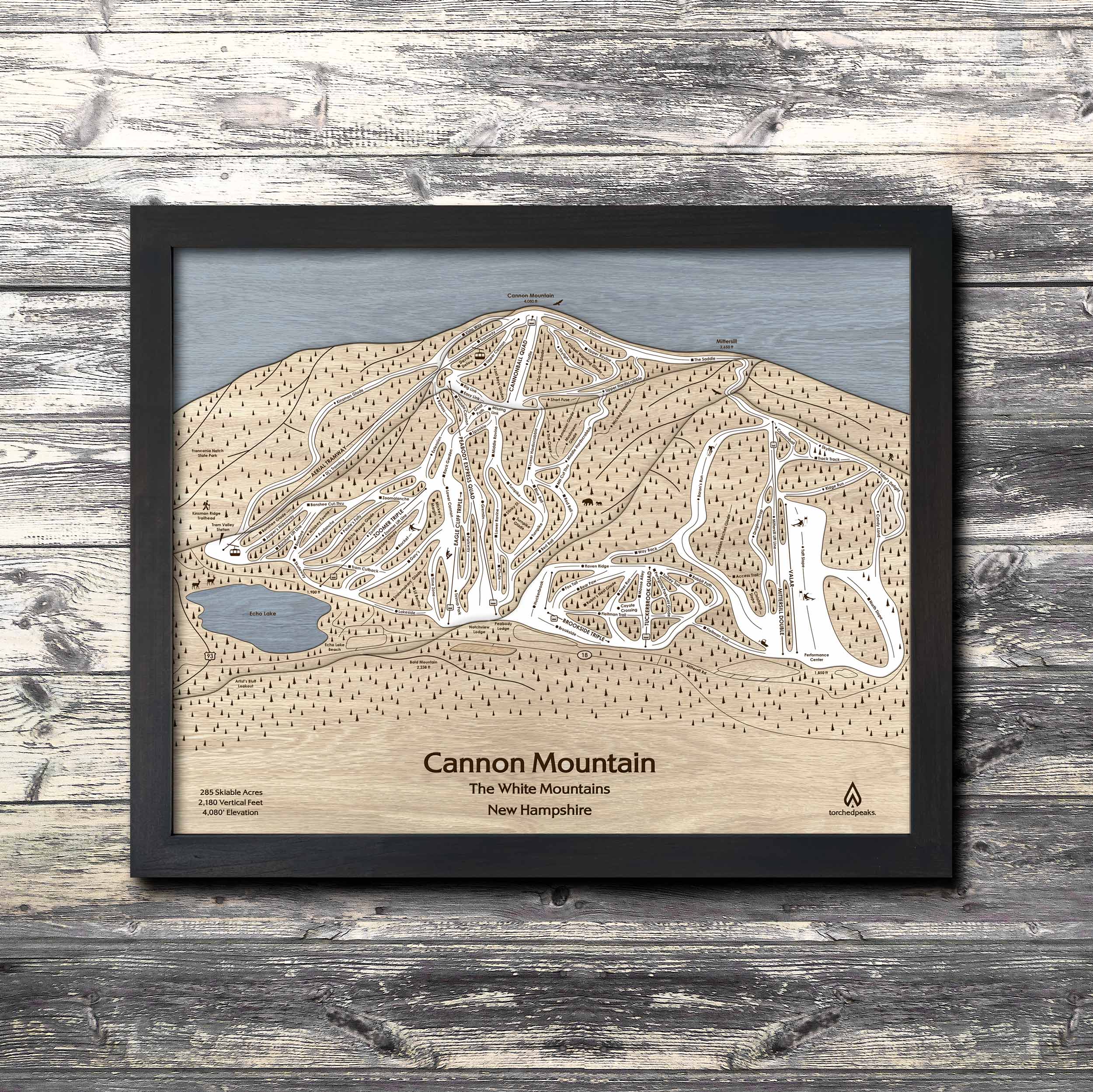 Cannon Mountain NH Ski Trail Map | 3D Laser-engraved Mountain Art | Torched Peaks