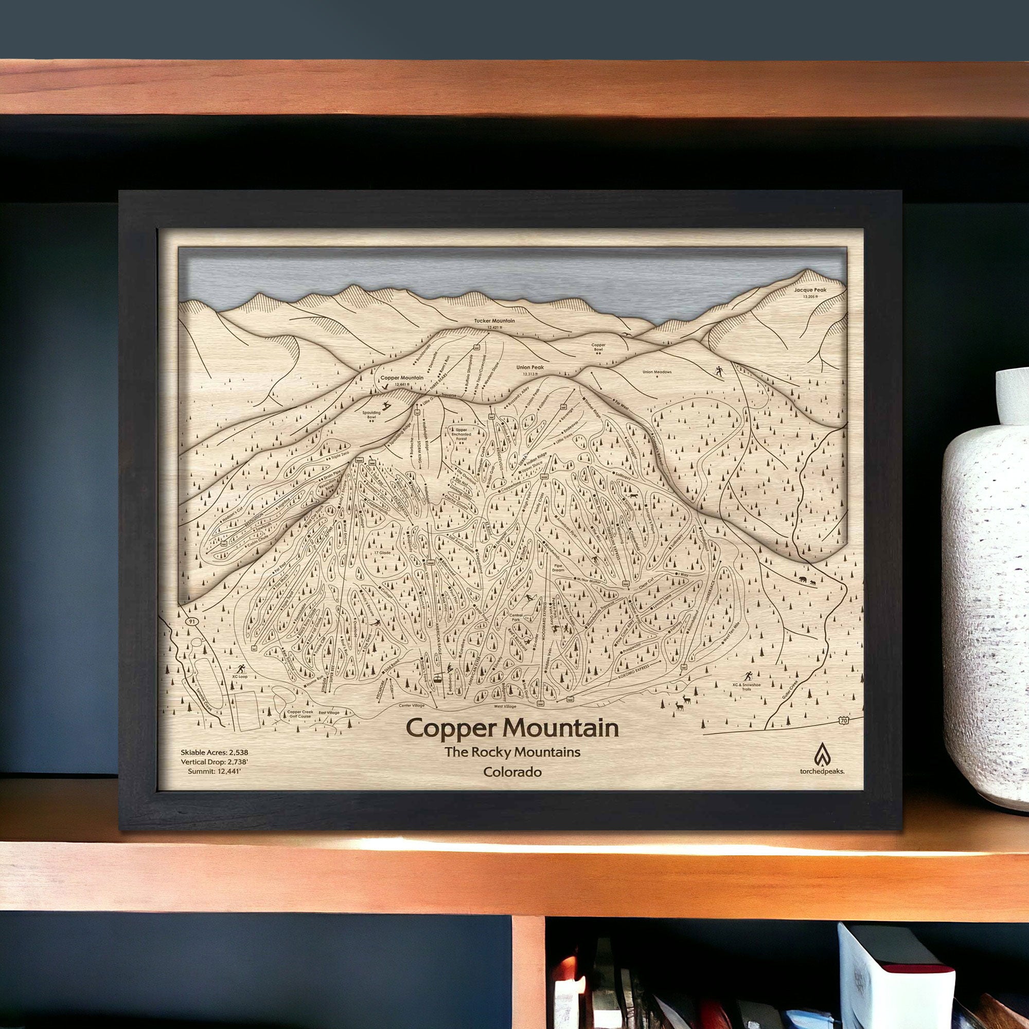 Laser Carved Copper Mountain Framed Art