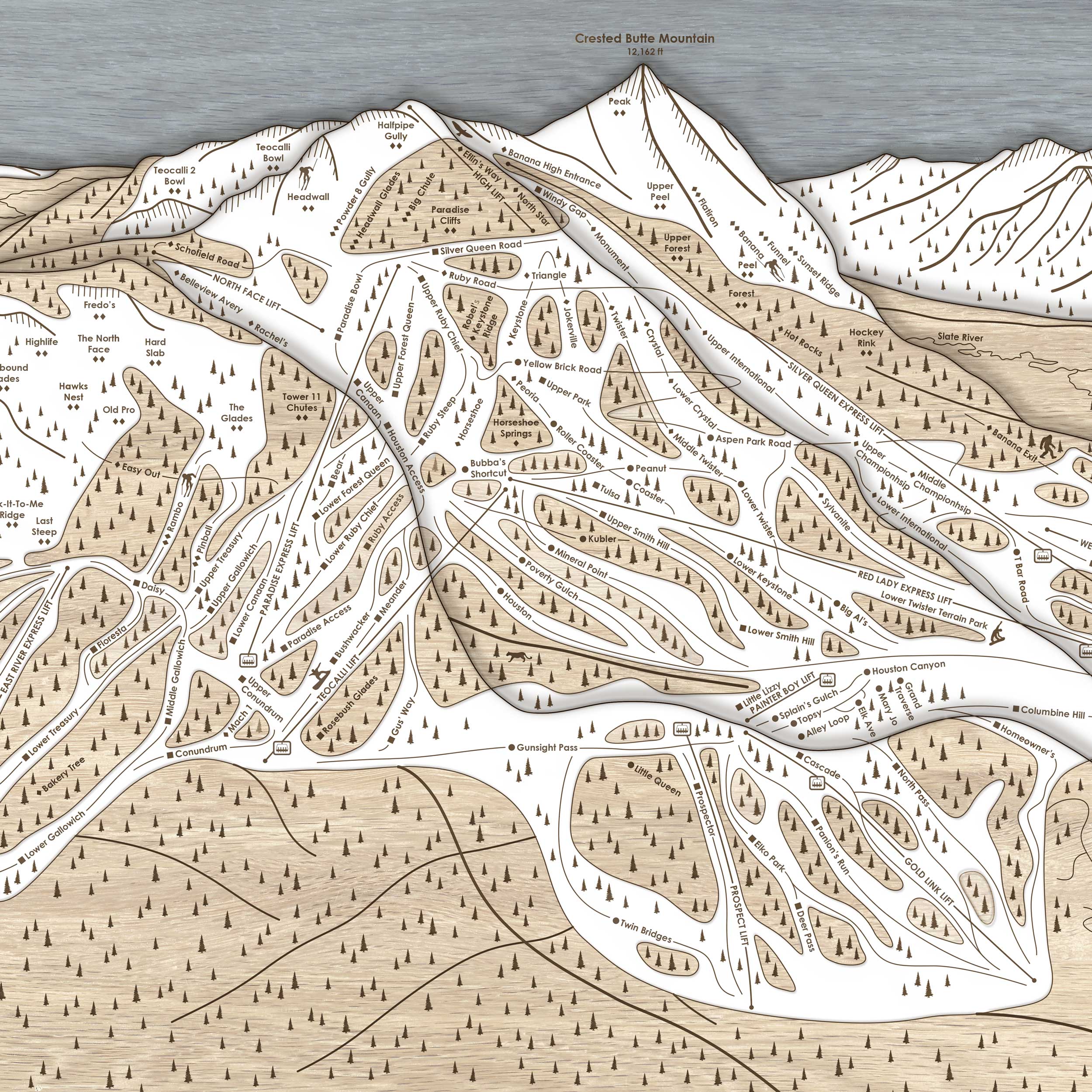 Crested Butte CO Ski Trail Map | 3D Wood Mountain Art Poster