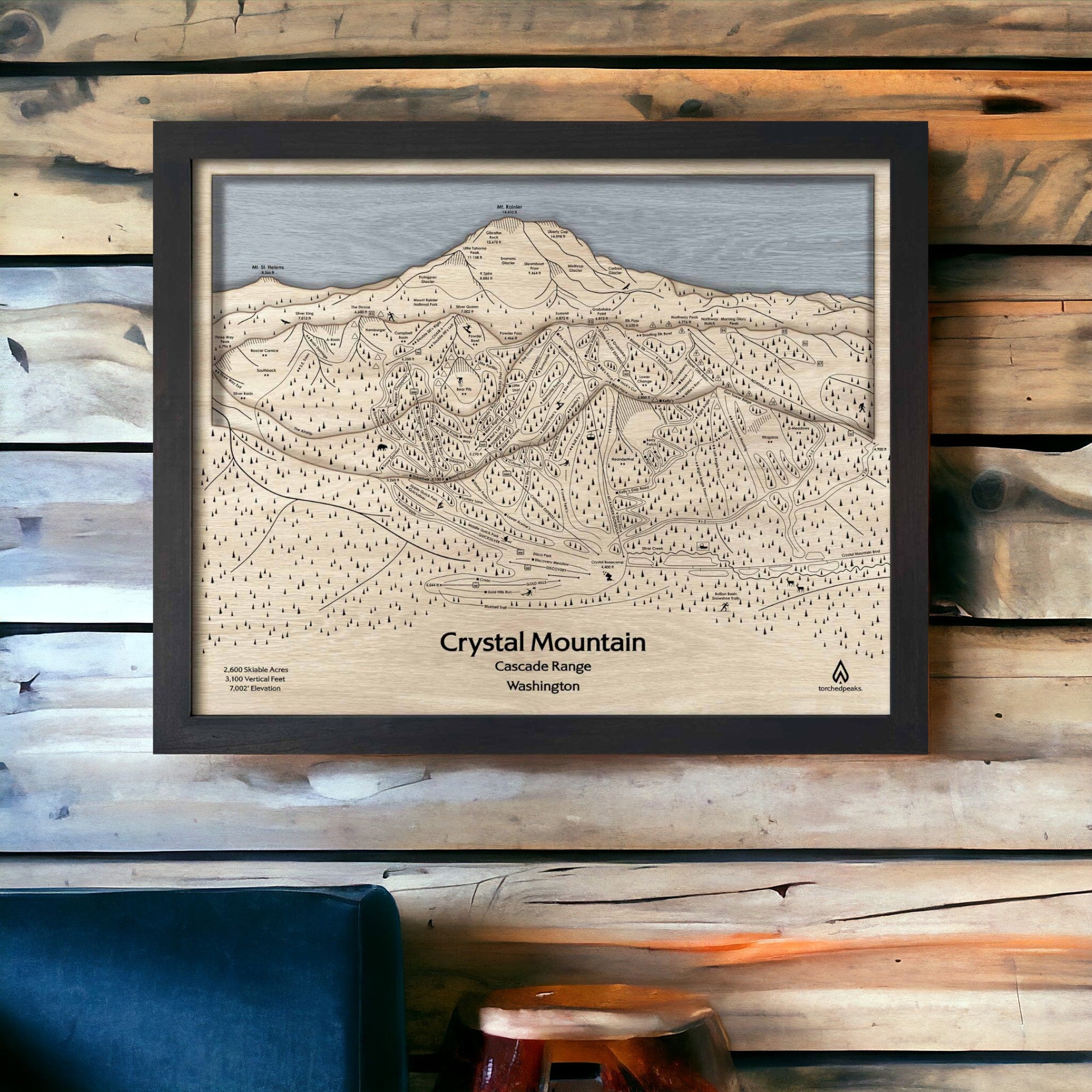 Ski Cabin Decor: Rustic Wood Crystal Mtn Washington Trail Map