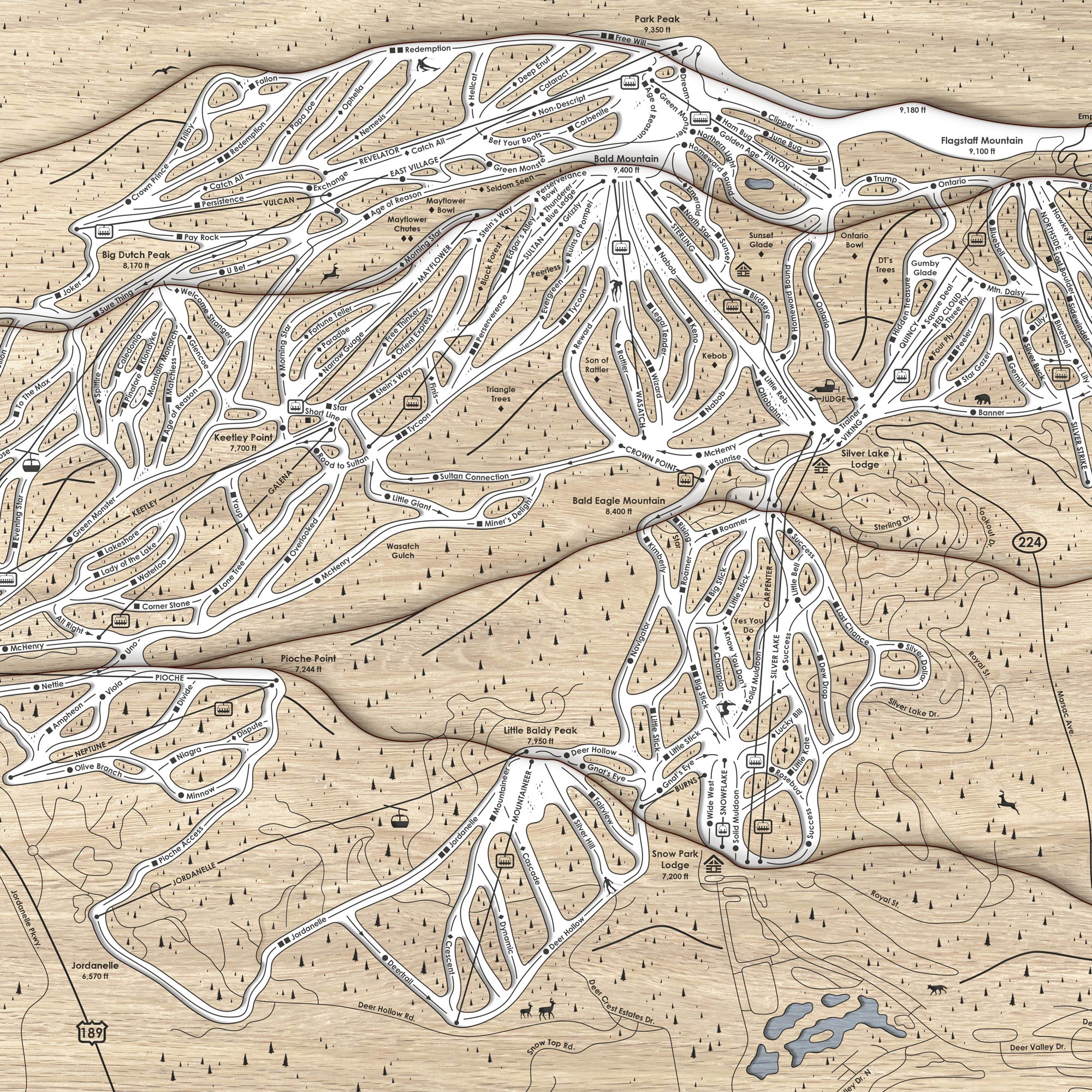 Laser-cut Detailed map of Deer Valley resort with various trails and facilities featured. 