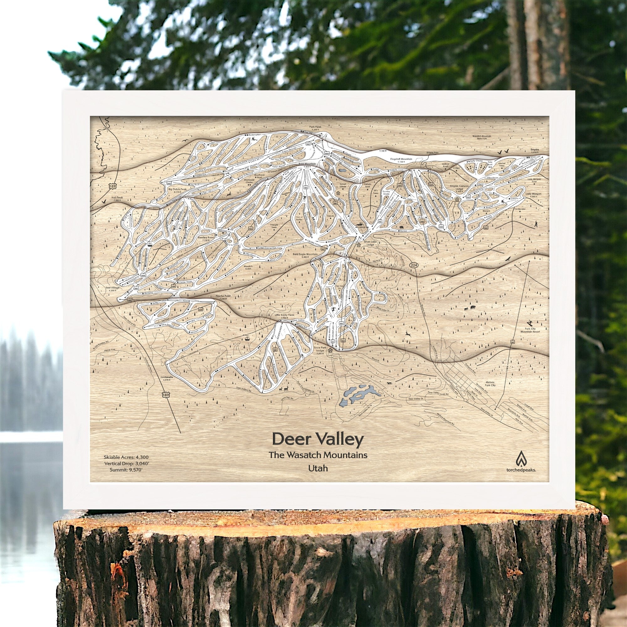 Wooden map of Deer Valley Ski Resort Utah staged on a wood stump with a forest background