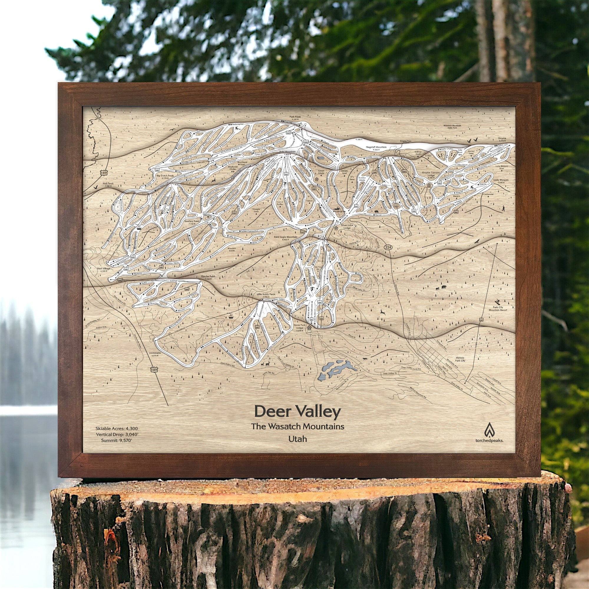 Wooden map of Deer Valley, Utah on a wooden stump with a natural background