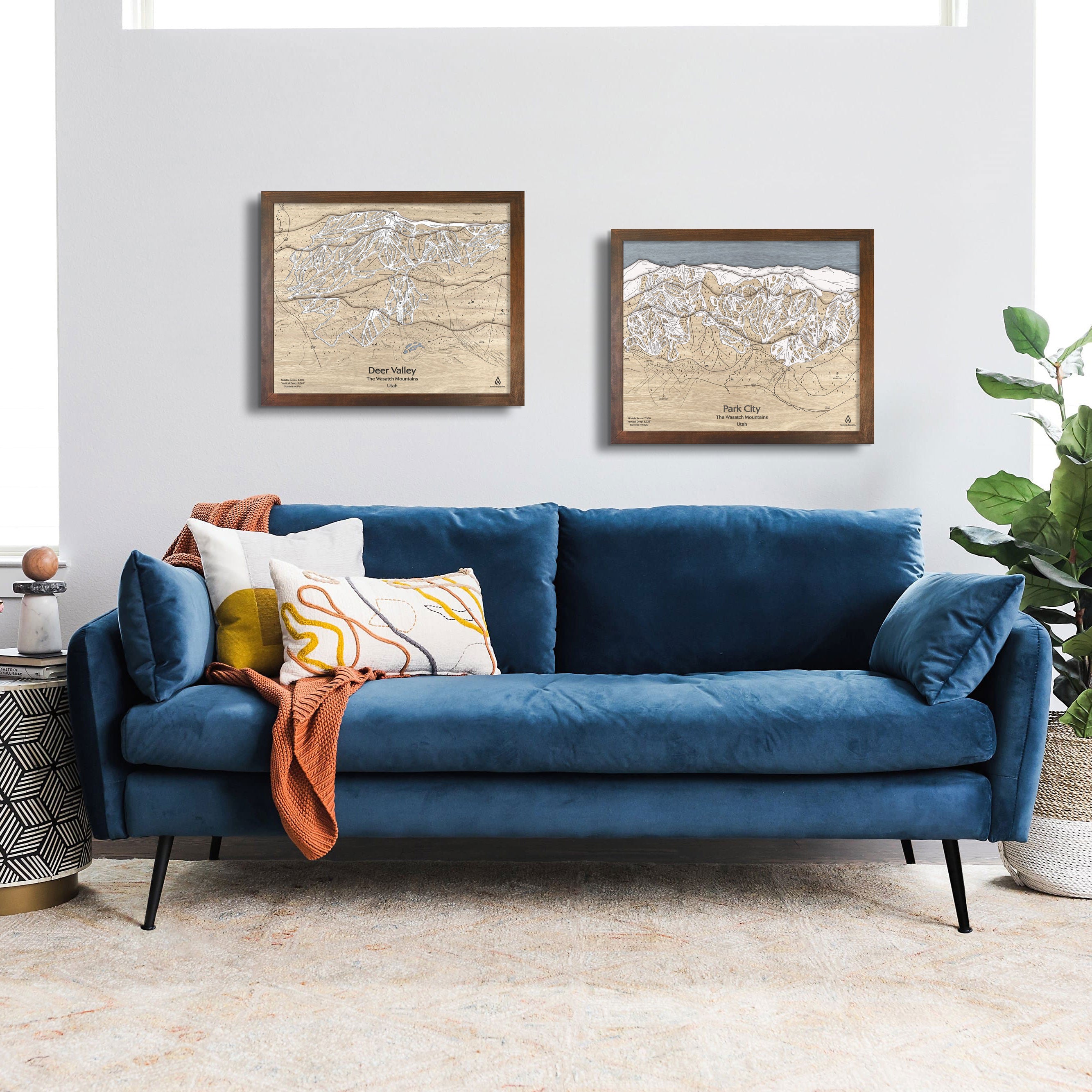 Wooden Ski Resort Artwork in a living room 