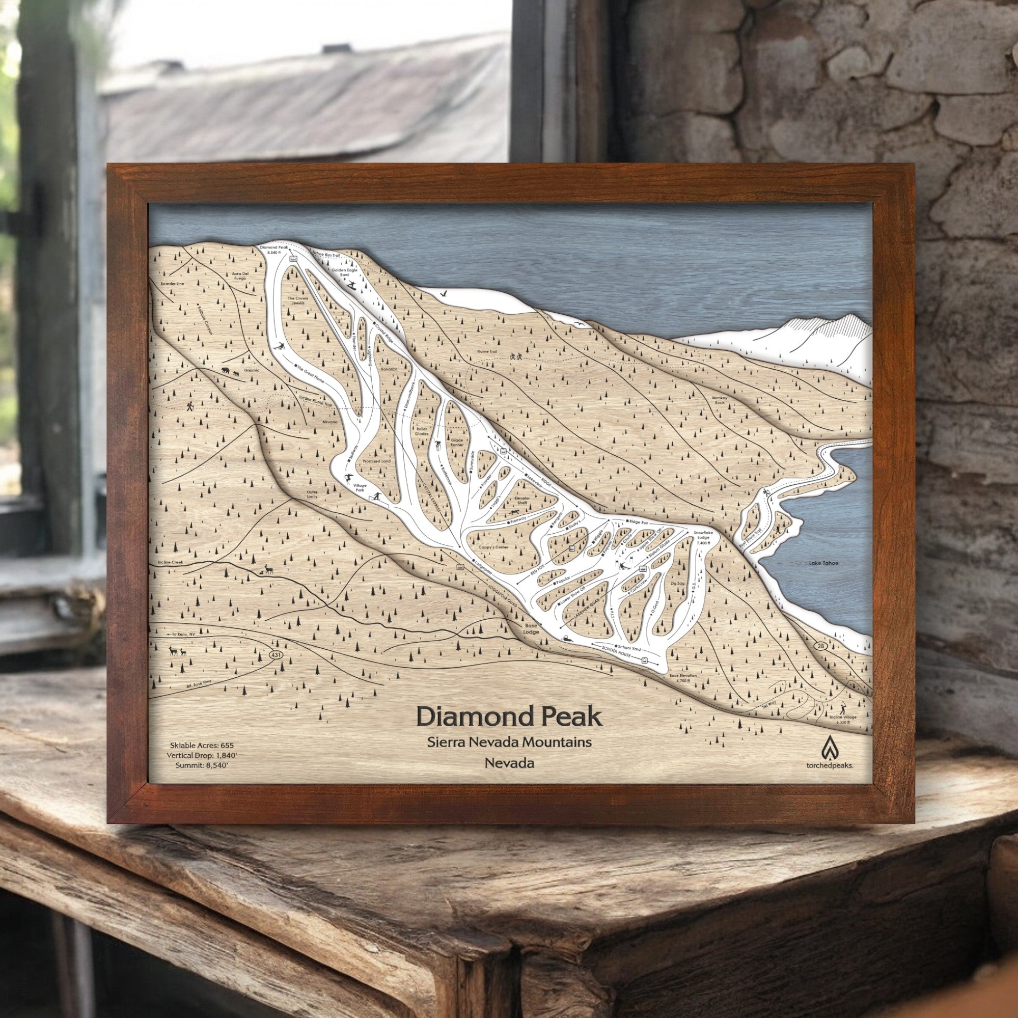 Diamond Peak NV Trail Map, Laser-engraved map, Skiing Art, Skiing Gift