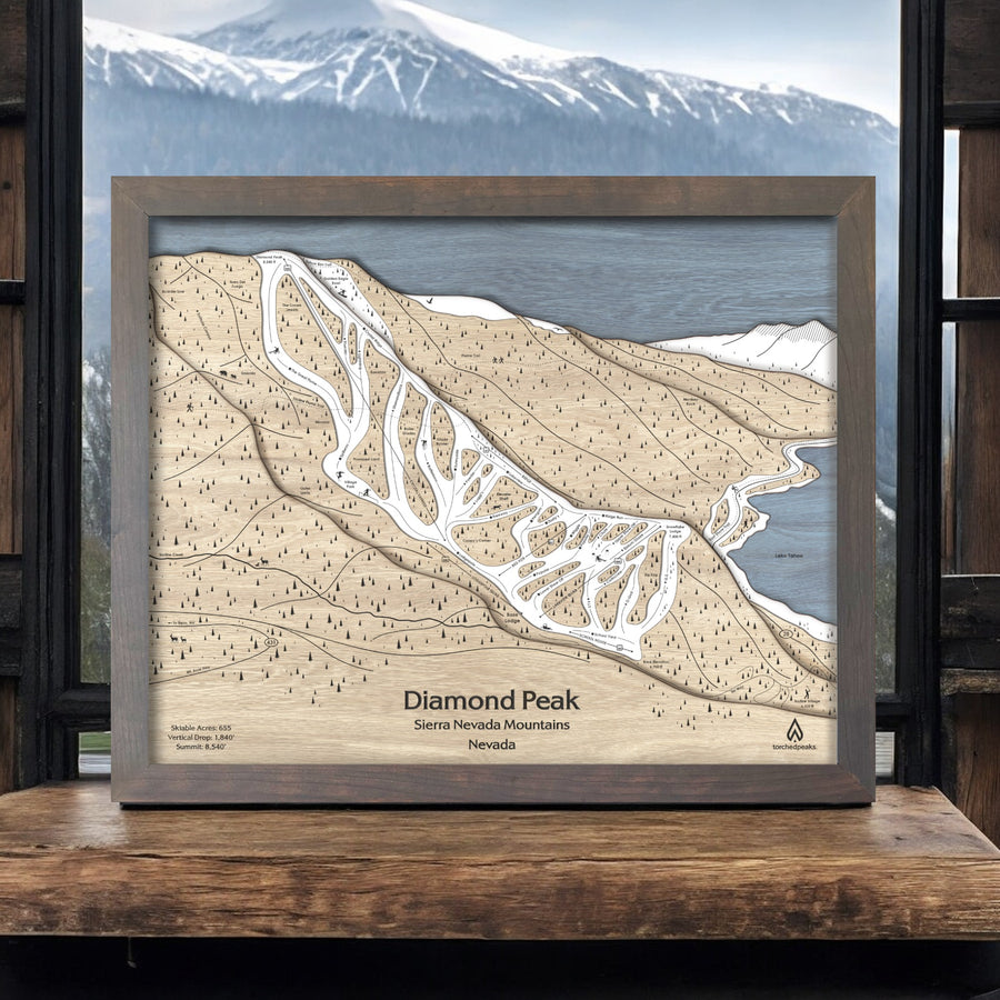 Diamond Peak 3D Wood Map, Ski Trail Map, Laser-cut, Ski Home Decor