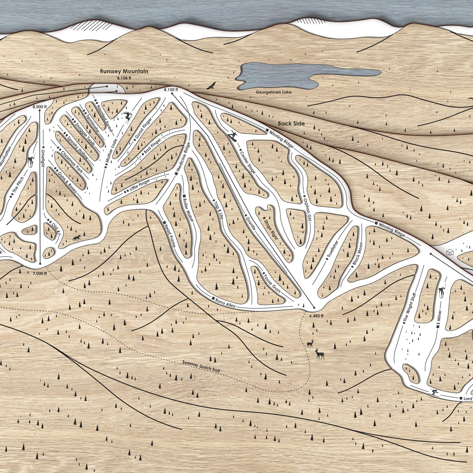 Wooden Discovery Ski resort map laser-cut with trails and mountain layout