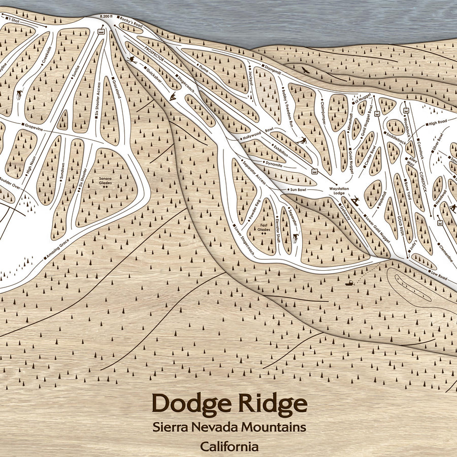 Dodge Ridge CA Ski Trail Map | 3D Wood Map of Dodge Ridge Ski Resort