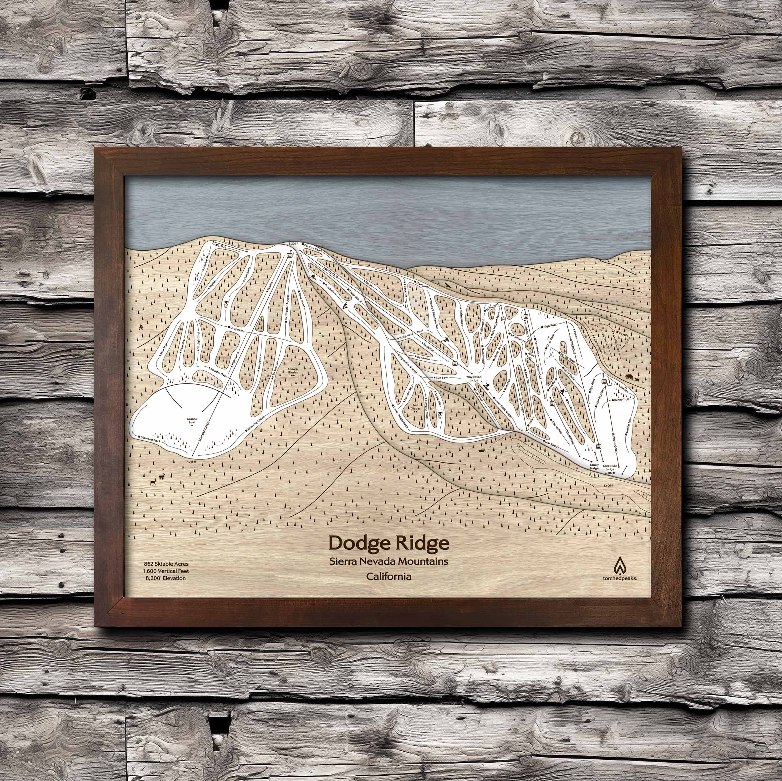 Dodge Ridge CA Ski Trail Map | 3D Wood Map of Dodge Ridge Ski Resort