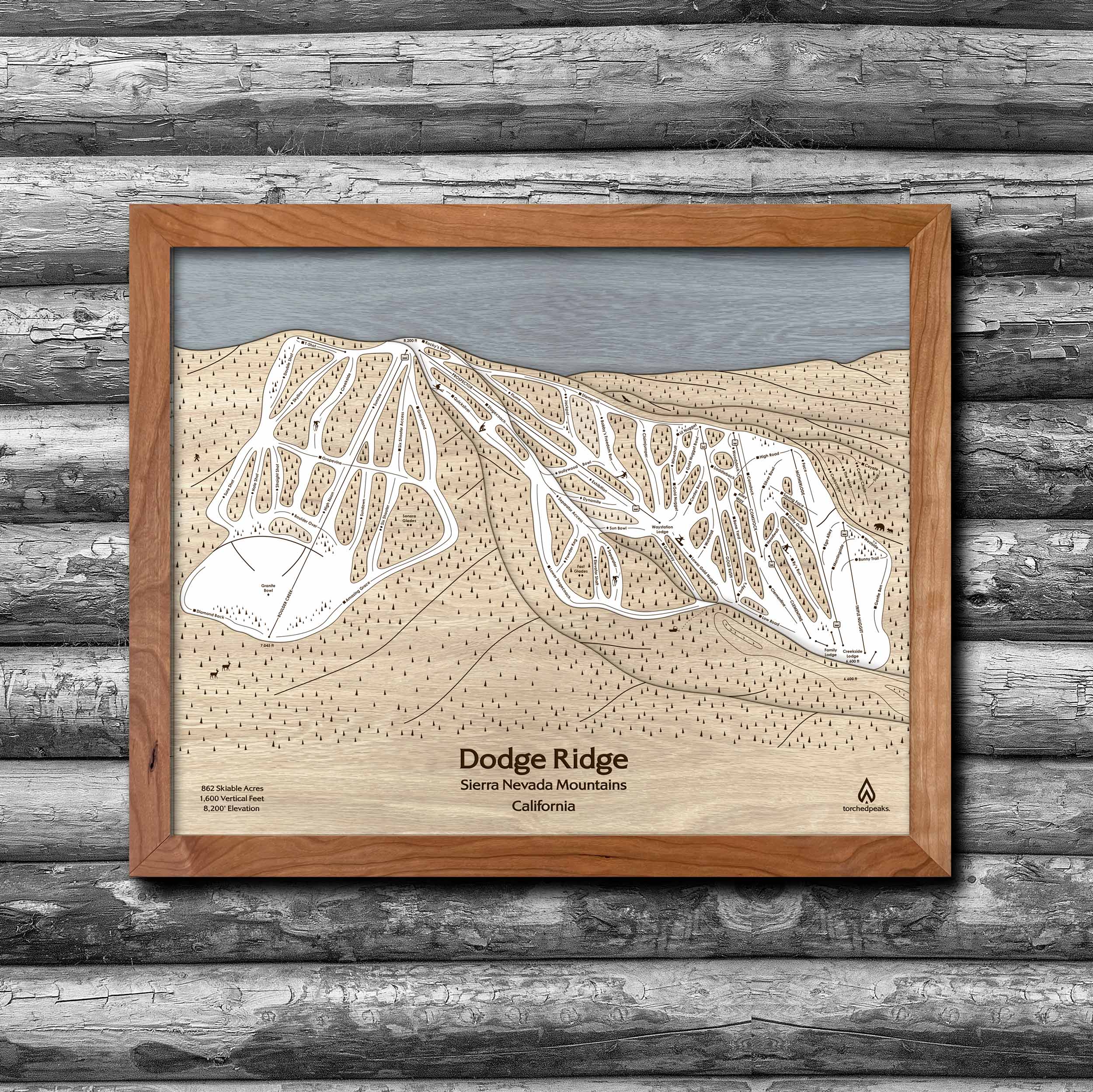 Dodge Ridge CA Ski Trail Map | 3D Wood Map of Dodge Ridge Ski Resort
