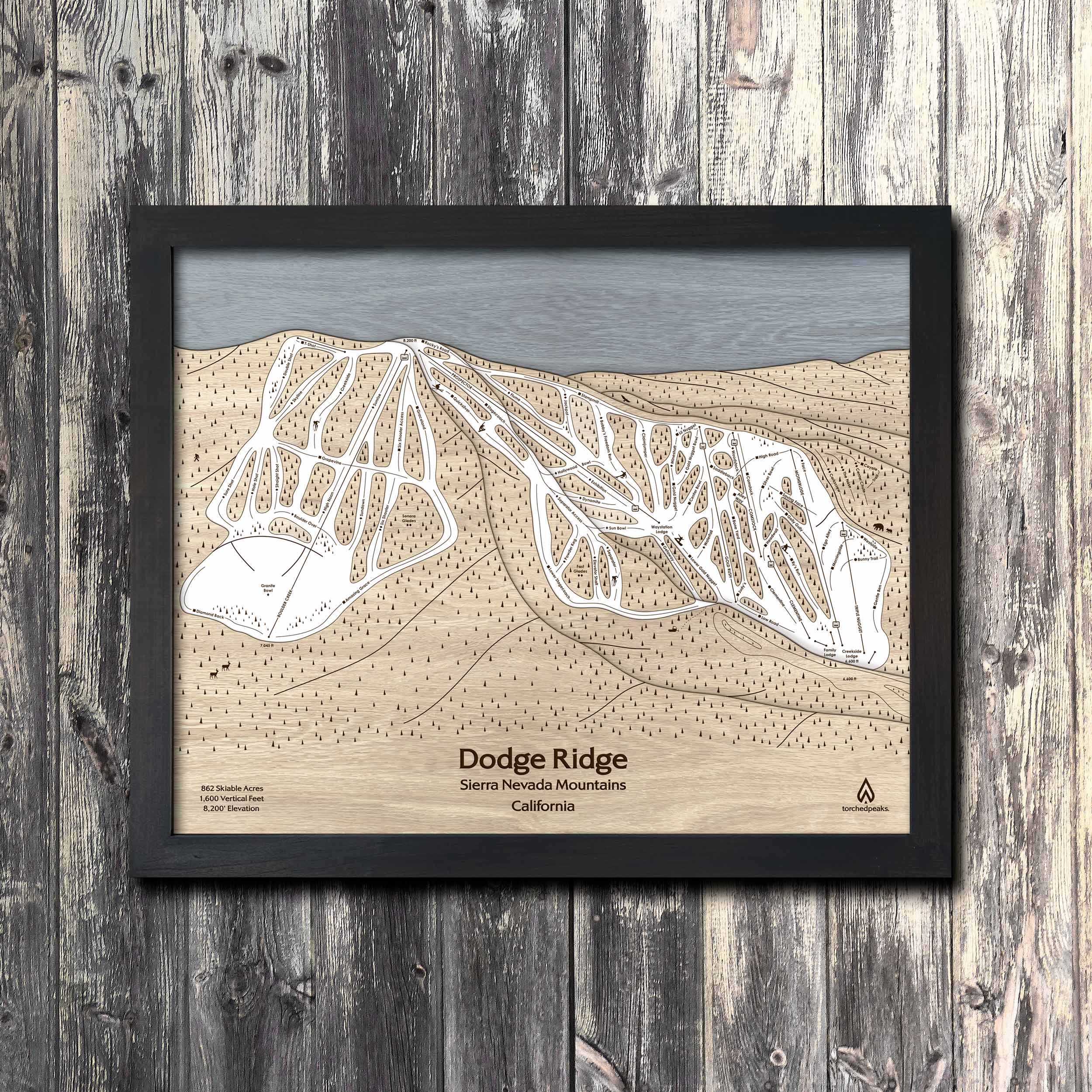 Dodge Ridge CA Ski Trail Map | 3D Wood Map of Dodge Ridge Ski Resort