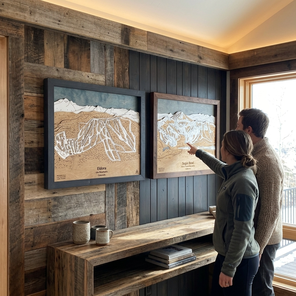 Man and woman pointing at wooden map of Eldora Ski Resort and admiring their skiing wall art. 