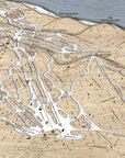 Ski resort map with trails and mountain features laser engraved in separate layers of wood. 