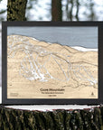 Wooden map of Gore Mountain in the Adirondack Mountains, New York, framed and leaning against a tree stump with a forest background.