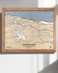 Wooden framed map of Gore Mountain, New York on a white wall