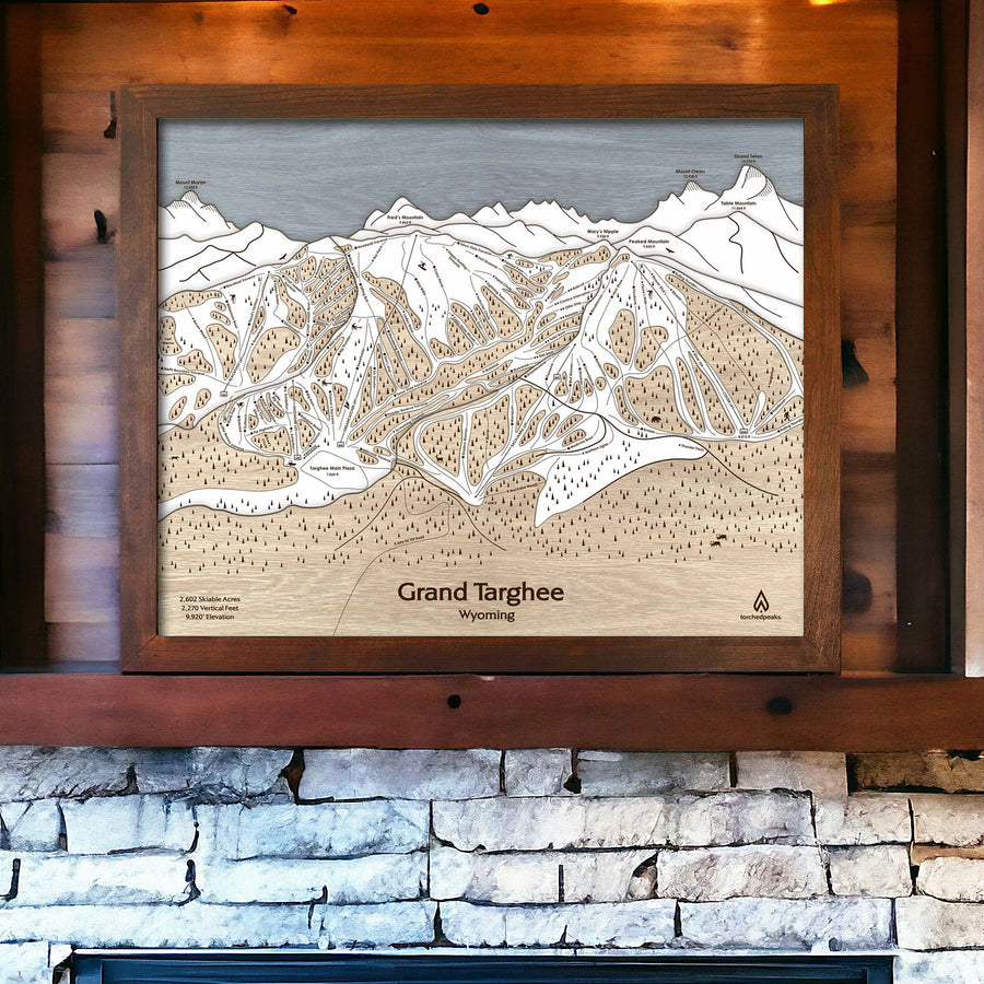 Engraved Wooden Map of Grand Targhee, Ski Slope Art