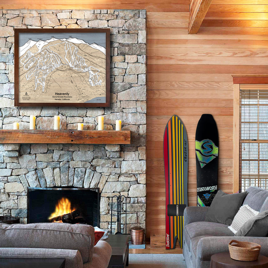 Ski House Decor, Heavenly Mountain Wooden Ski Resort Map Art