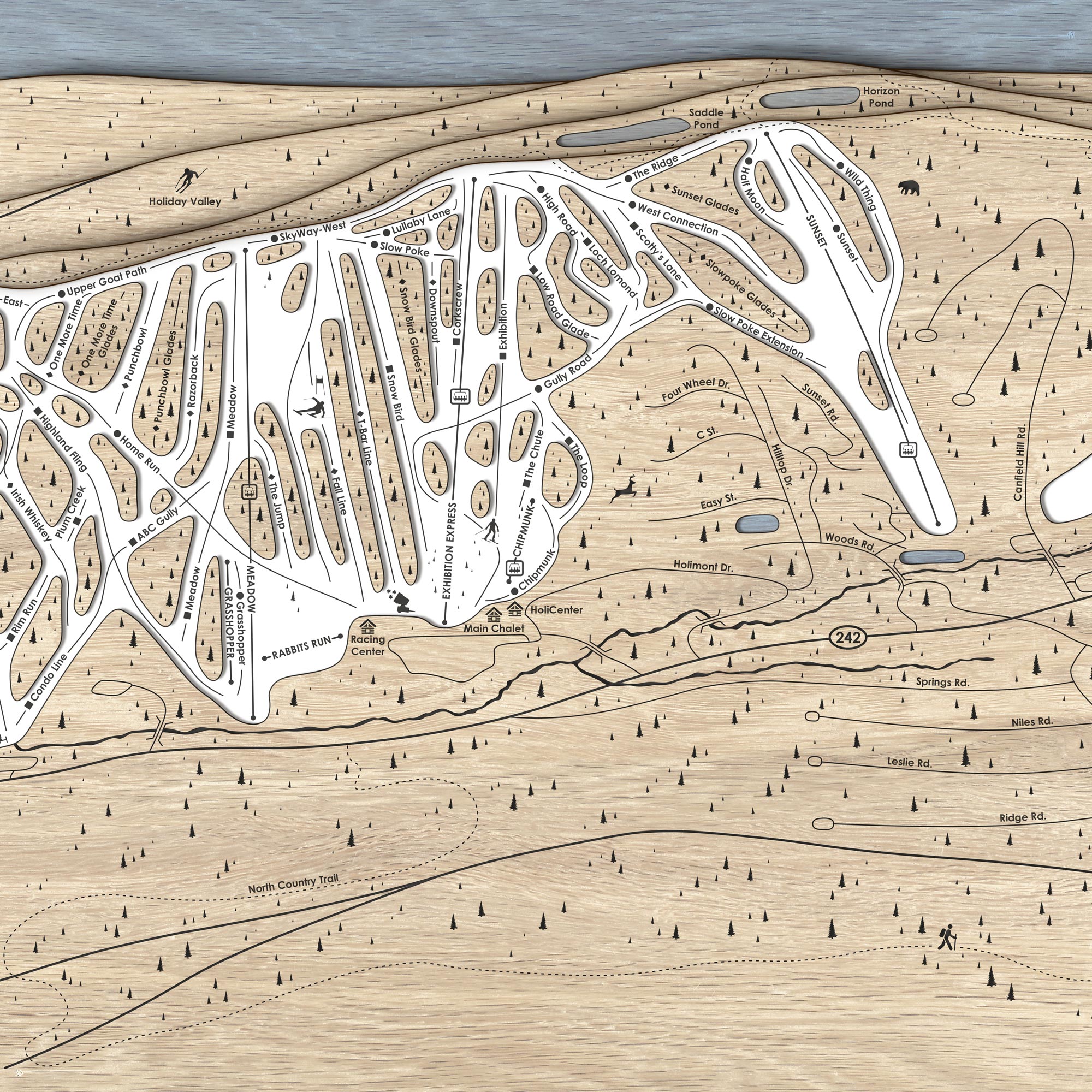 Laser-cut wood map of Holimont Ski Resort in New York