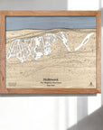 3D Wooden framed trail map of Holimont Ski Area, The Allegheny Mountains, New York on a white wall in a modern ski house. 