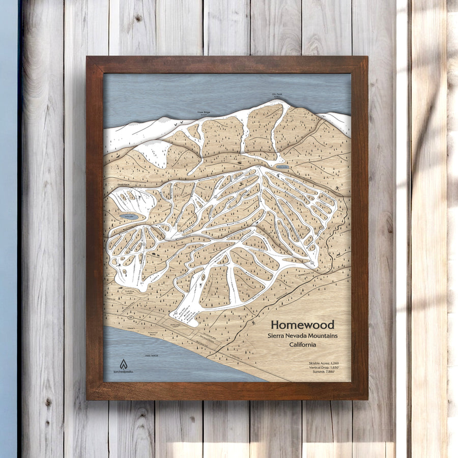 Homewood Mountain in Lake Tahoe, Laser-cut wooden map for your home or office. Designed by Torched Peaks artist, Shawn Orecchio. 