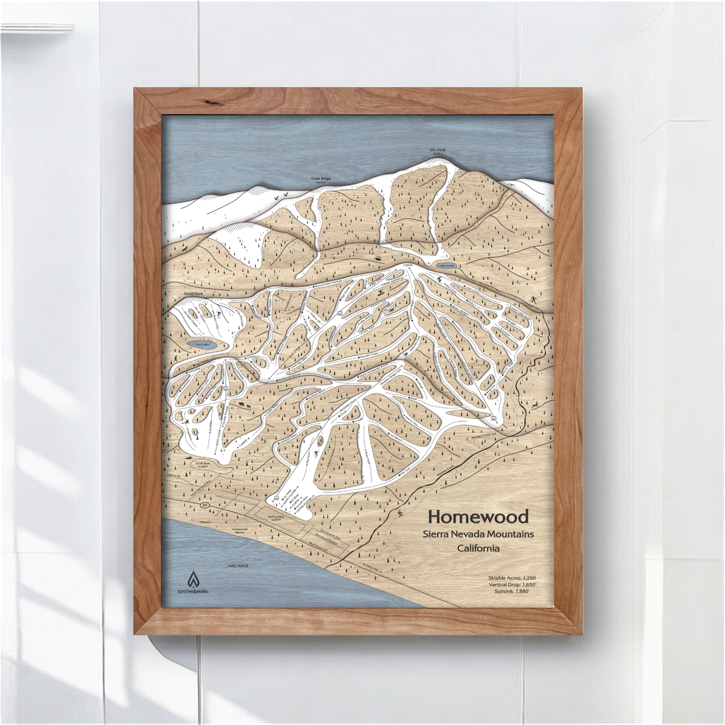 Homewood Ski Trail Map, Laser-engraved wood map, Skiing art for Ski Cabins