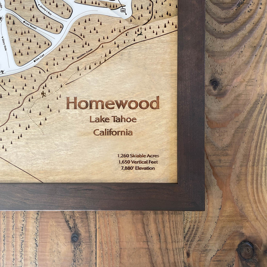 Homewood Mountain, California Ski Map engraved on wood