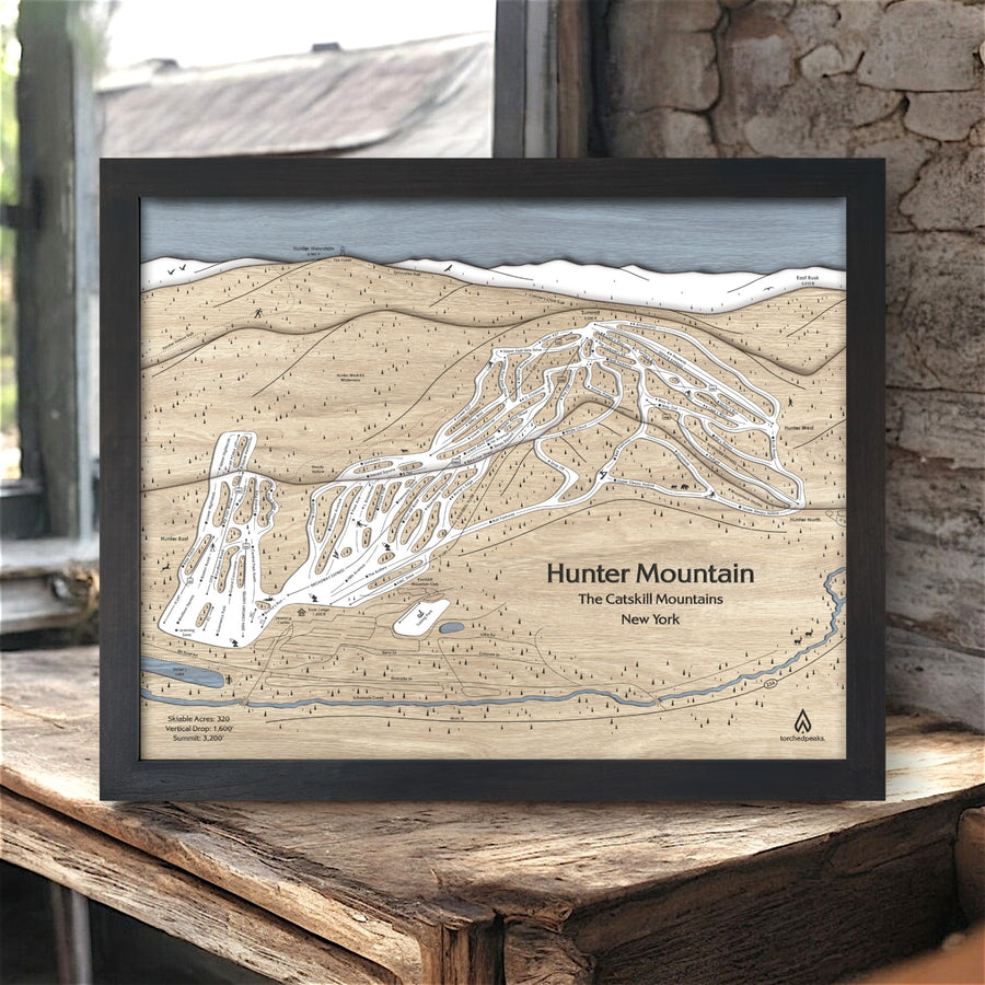 Hunter Mountain Skiing Map, Carved Wood Map of Hunter Mountain Ski Trails