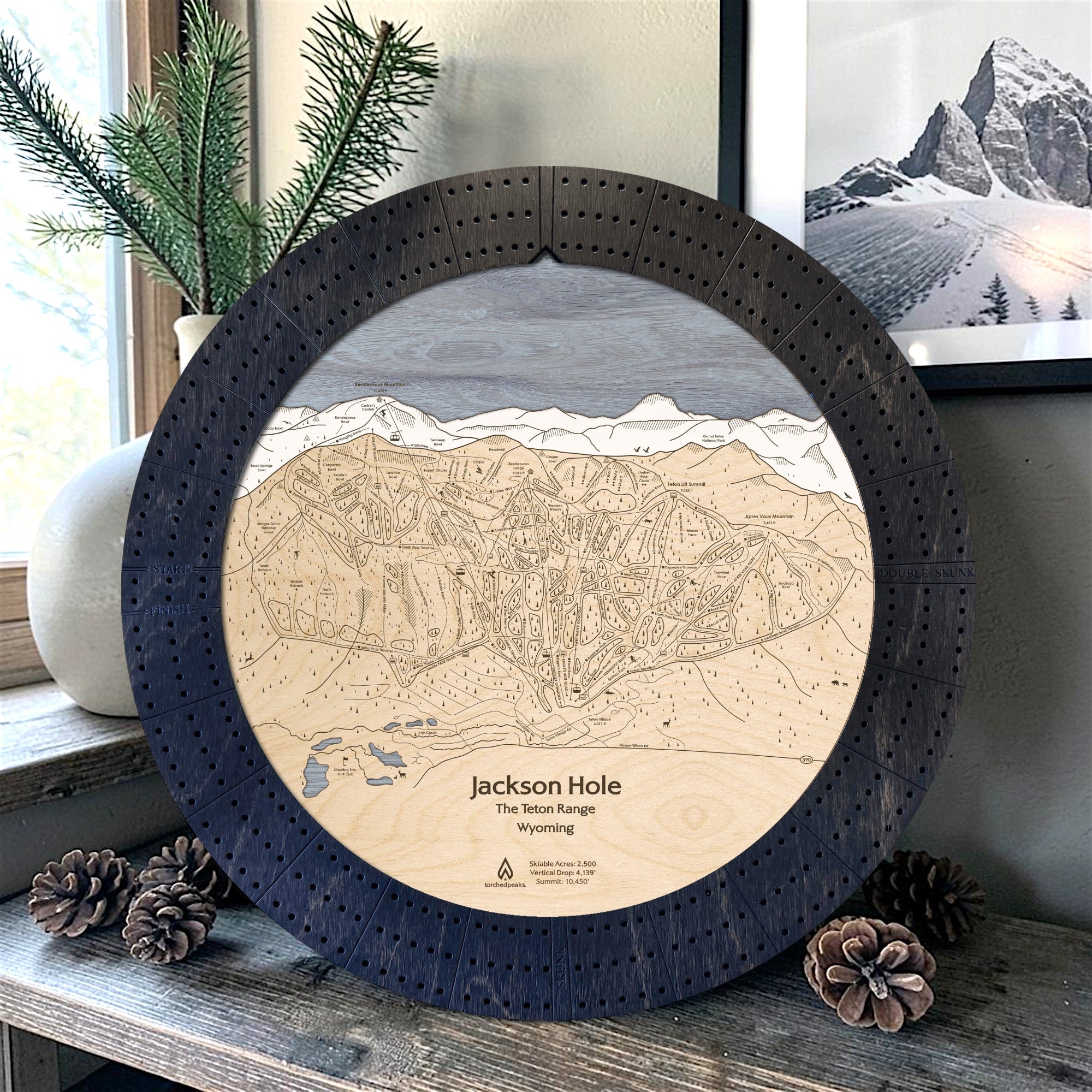 Matte Onyx Jackson Hole wooden cribbage board displayed with pinecones as modern ski cabin décor.