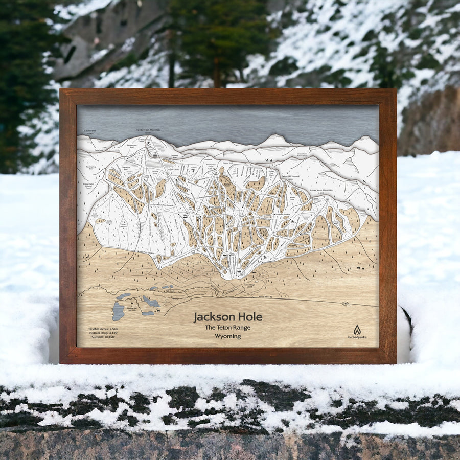 3D Wooden Map of Jackson Hole Ski Resort in Wyoming. 