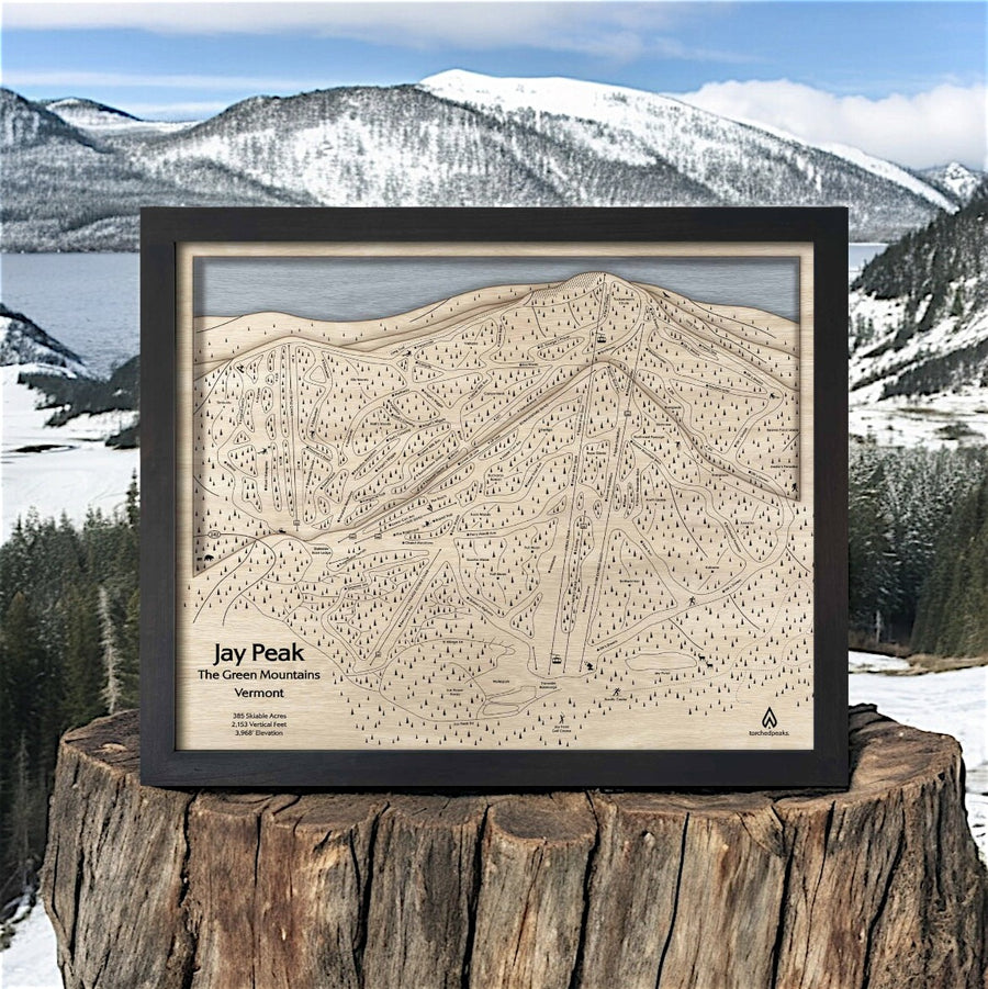 Laser-carved wooden Jay Peak Ski Resort Map wall art