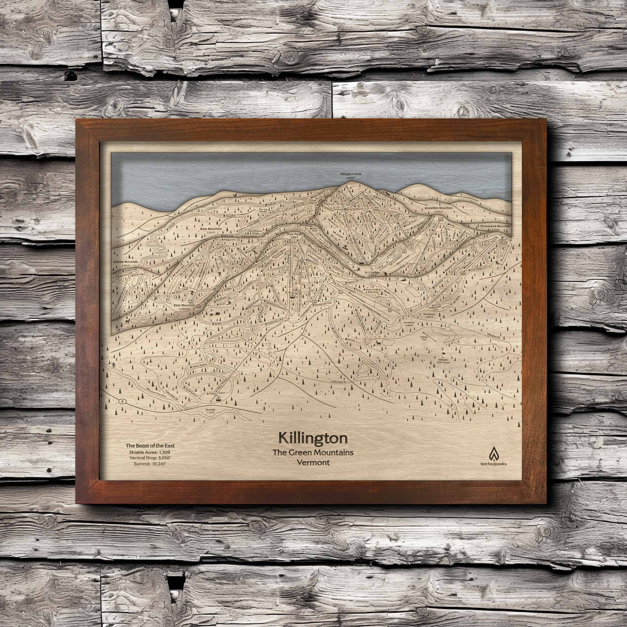 Killington VT Ski Trail Map | 3D Wood Ski Slope Art, Framed Wall Art