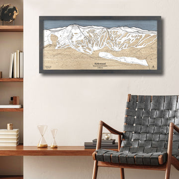 Kirkwood Ski Map, Framed Ski Poster made from wood, designed by Torched Peaks - the original wooden ski map artists. 